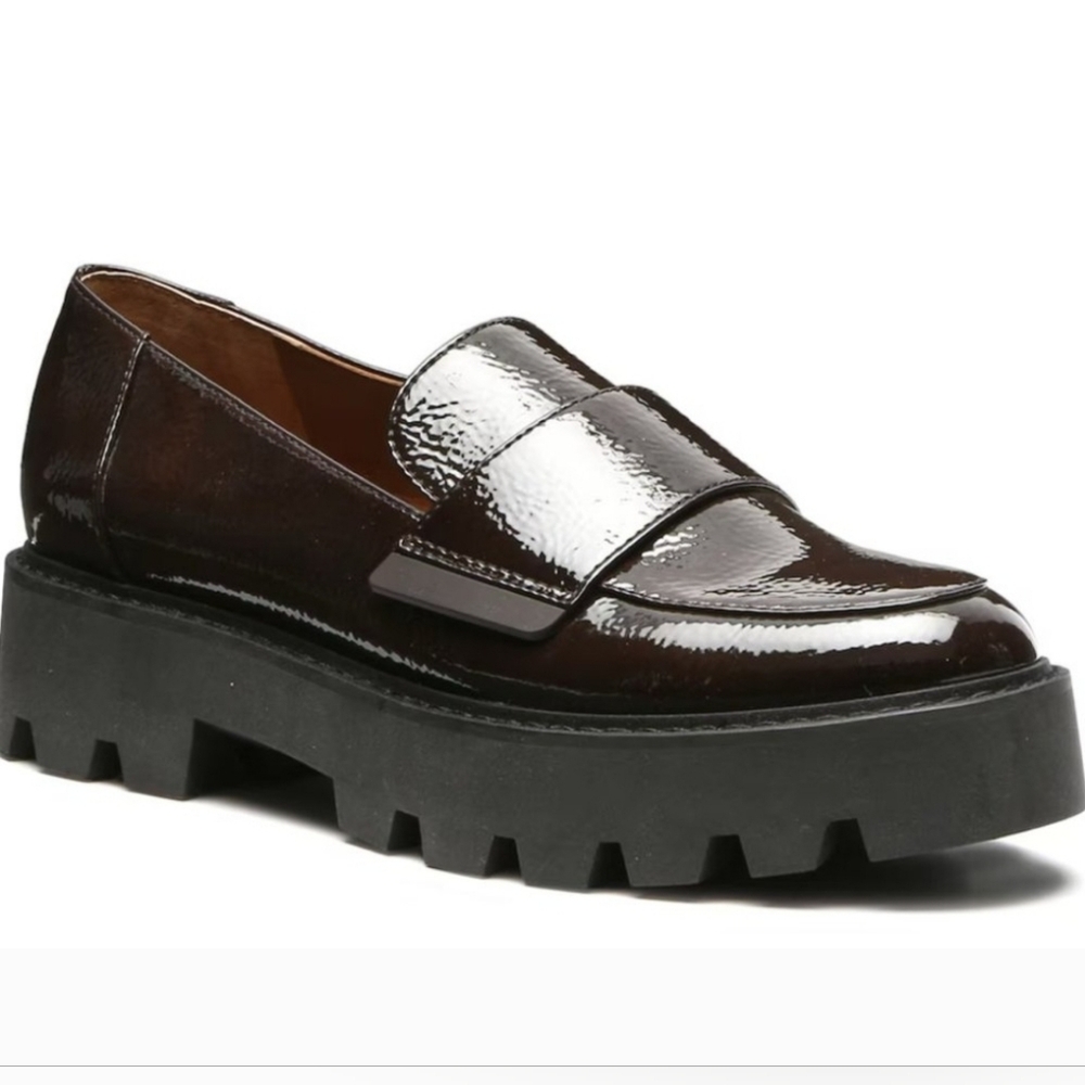 Franco Sarto Brindy Platform Loafers, Dark Brown Faux Patent Leather, EUC!